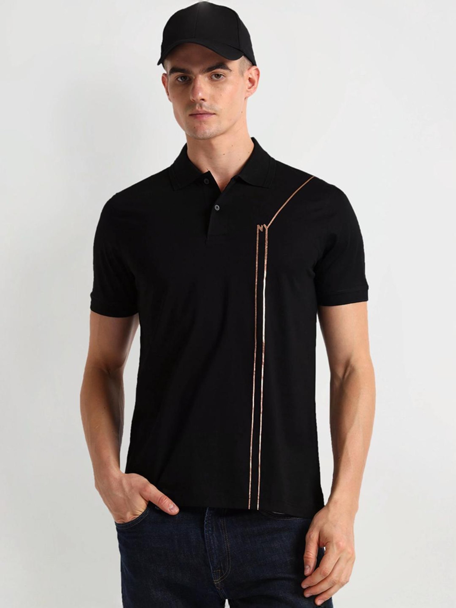 Arrow New York Black Regular Fit Printed Polo T-Shirt