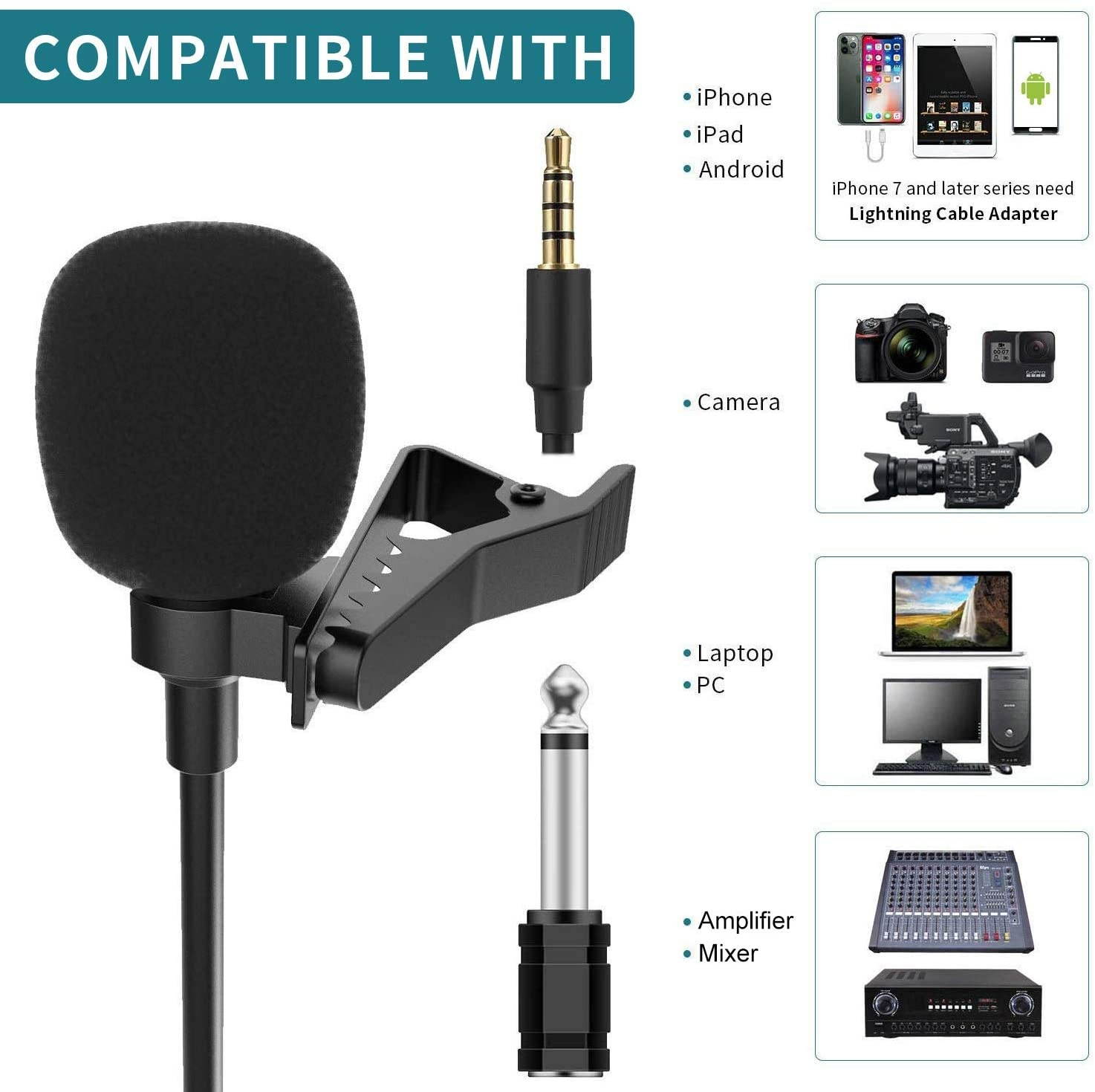 Professional Lavalier Microphone for iPhone, Camera, PC, Android, Lavalier Lapel Microphone with USB Charging, Omnidirectional Lapel Mic with Noise Reduction for Video, YouTube, Interview, Vlogging