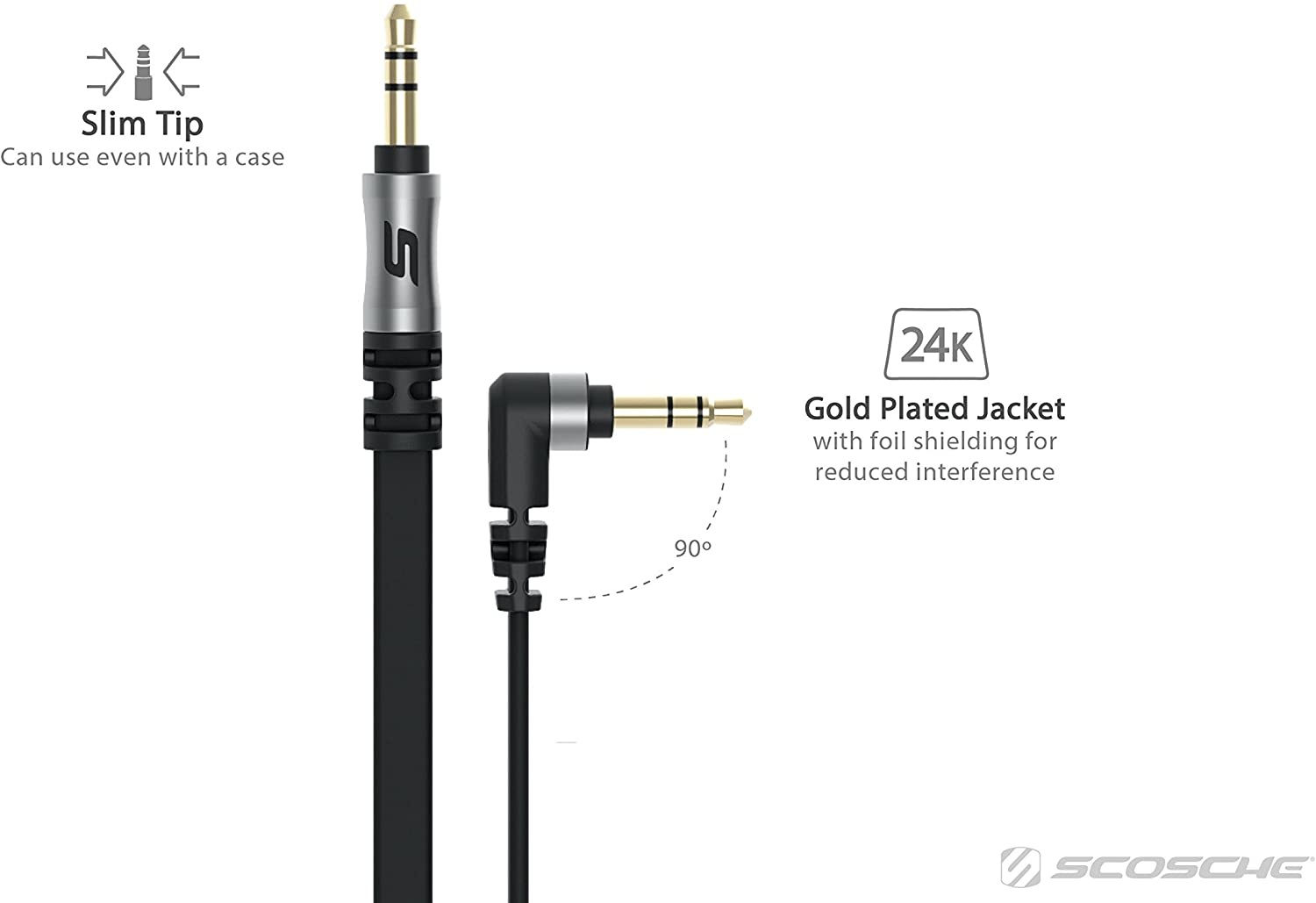 Scosche Aux 3 Feet Flatout 3.5MM Flat Auxiliary Audio Cable With 90 Degree Tip 3-FOOT In White/gold