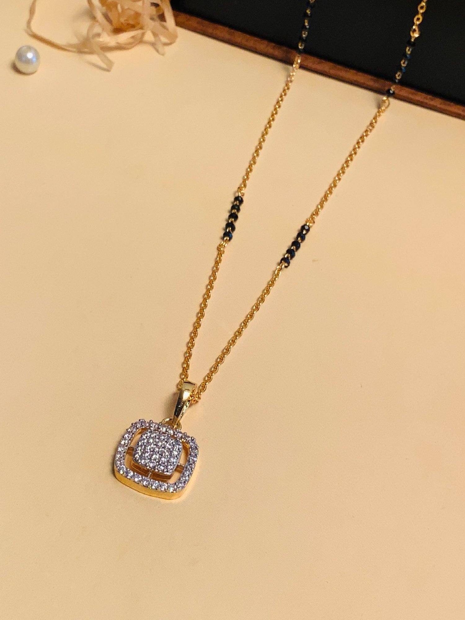 Abdesigns Gold-Plated American Diamond & Black Beaded Mangalsutra