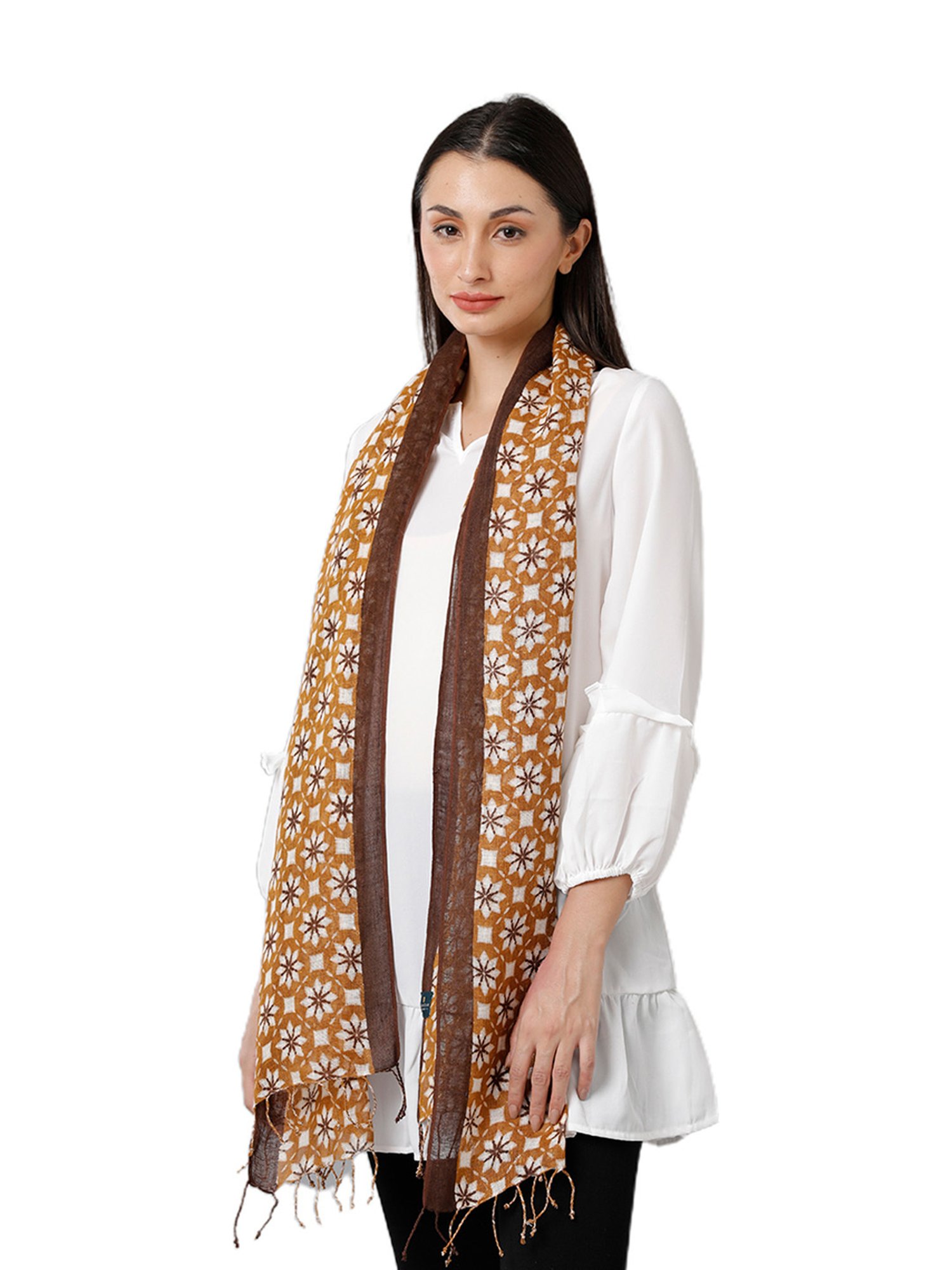 Linen Club Brown Printed Pure Linen Stole