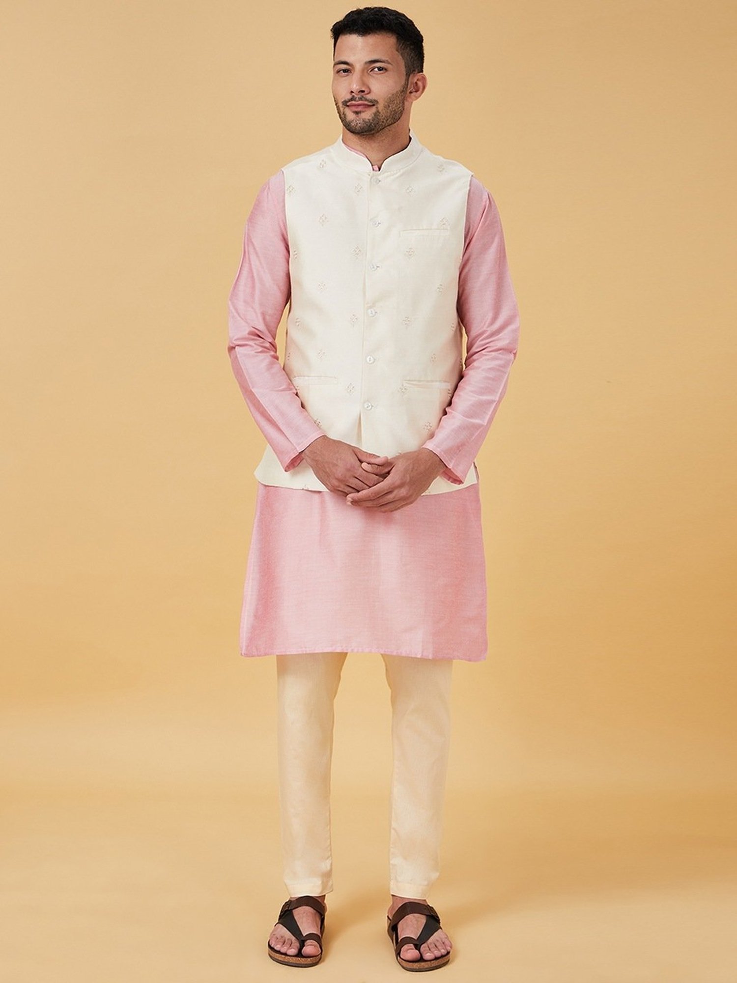 Indus Route By Pantaloons Beige Regular Fit Embroidered Nehru Jacket