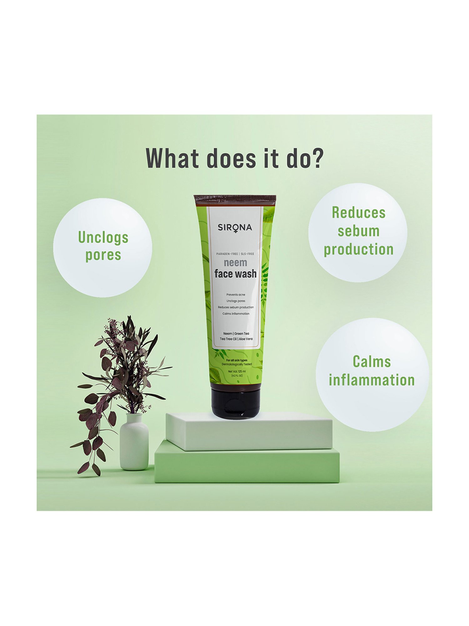 Sirona Neem Face Wash for Men & Women, Reduces Sebum Production & Calms Inflammation - 125ml