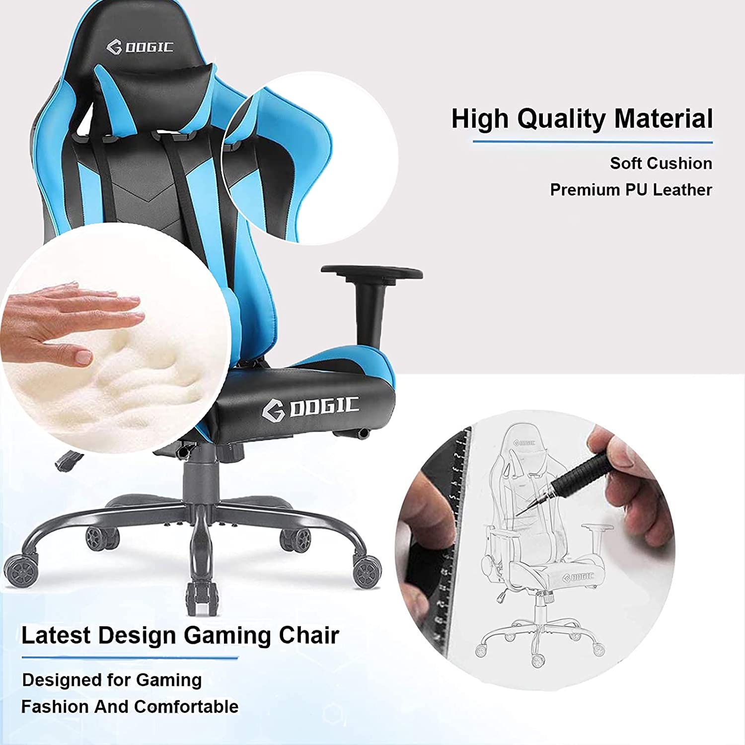 Gaming Chair Racing Computer Chair Ergonomic High Back Video Game Chair PU Leather E-Sports Chair with Headrest and Lumbar Support Executive Office Chair (Blue)