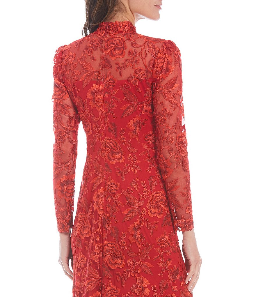Tadashi Shoji Long Sleeve Mock Neck Handkerchief Hem Lace Dress