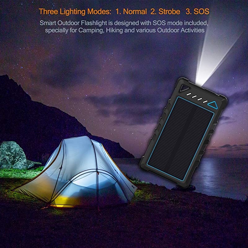 Portable Solar Charger  10000mAh UltraCompact External Batteries with Dual USB Ports Solar Power Bank with Flashlight for Camping Outdoor Activities