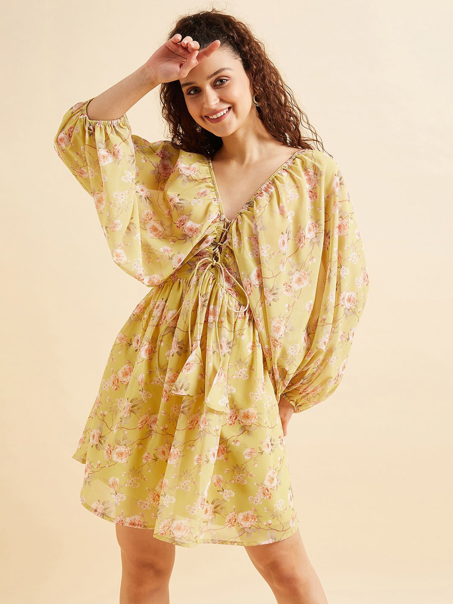PANIT Yellow Floral Print Ethnic Dress
