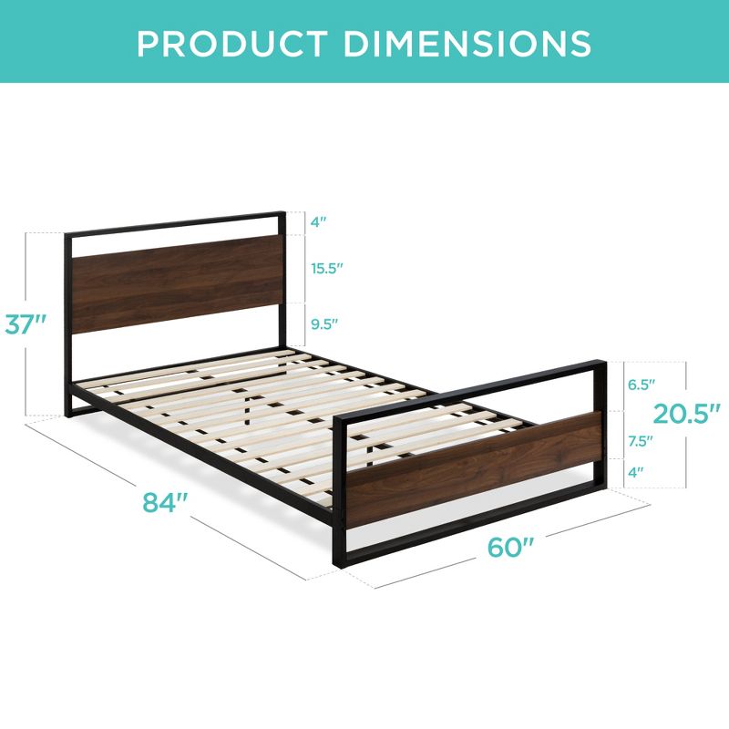 Best Choice Products Metal Wood Platform Queen Bed Frame w/ Wood Slats, Headboard, Footboard, 660lb Cap - Black/Brown
