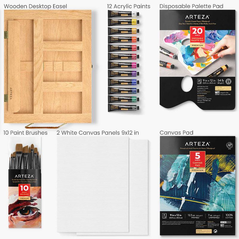 Arteza Essentials Tabletop Easel Art Set with Acrylic Paint, Brushes, Paper, Canvas Pads & Paper (ARTZ-9521)