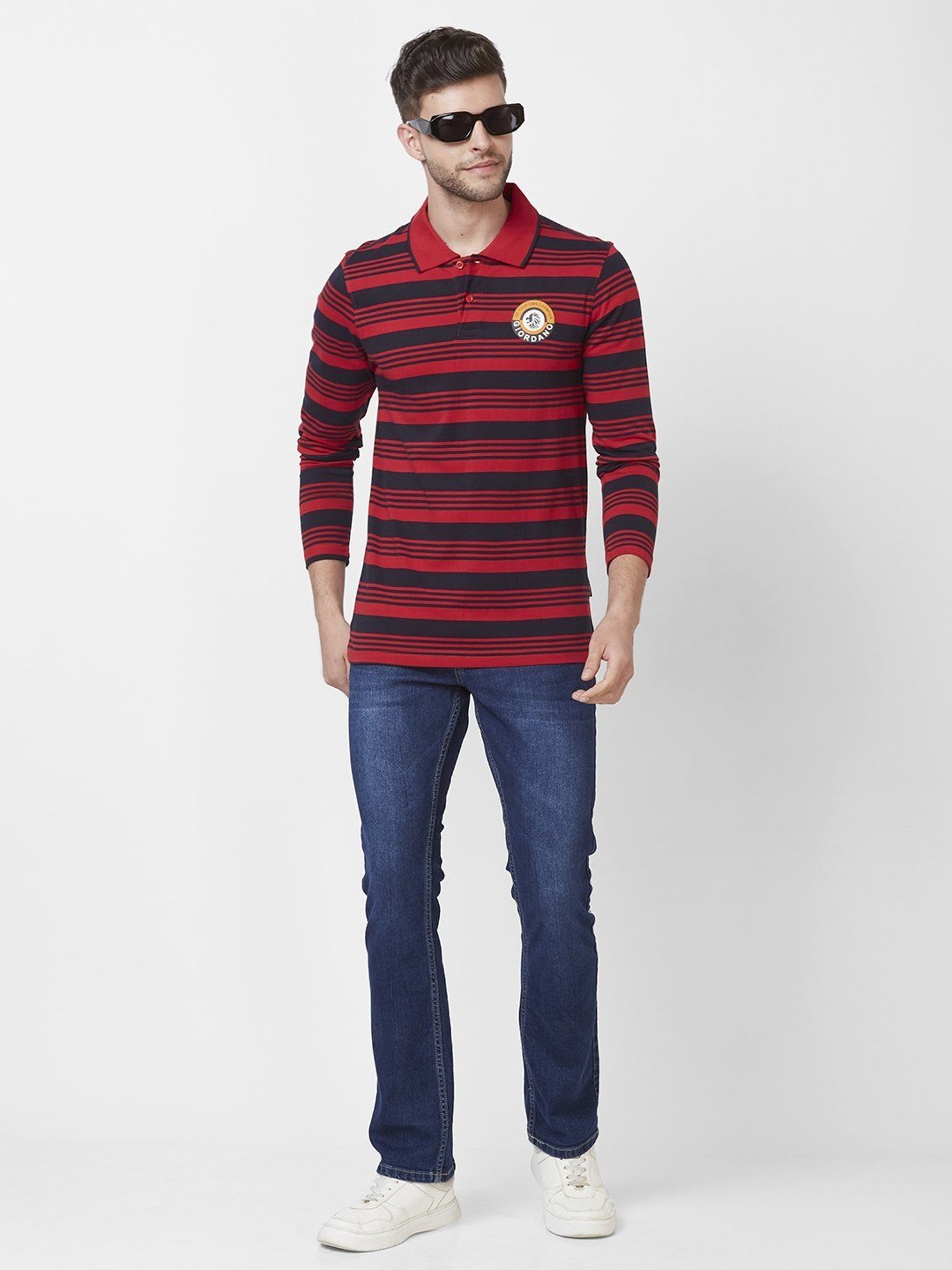 Giordano Red Cotton Slim Fit Striped Polo T-Shirt