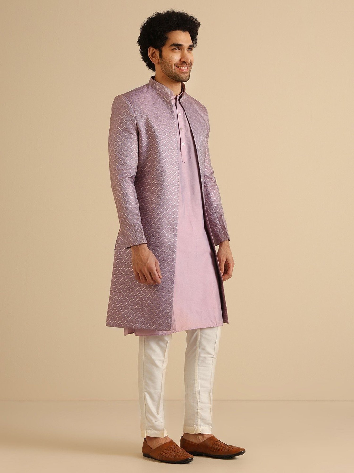 Hangup Plus Beige & Black Regular Fit Printed Sherwani Set