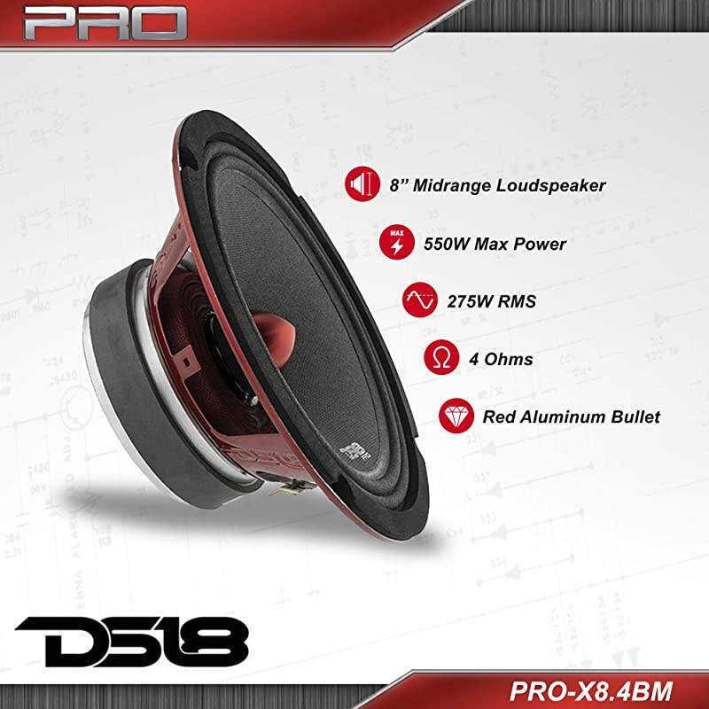 PROX84BM Loudspeaker 8 Midrange Red Aluminum Bullet 550W Max 275W RMS 4 Ohms Premium Quality Audio Door Speakers for Car or Truck Stereo Sound System 1 Speaker