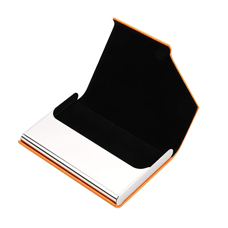 Metal Business Card Holder Leather Business Card Case Slim Pocket Name Card Holder for Women and Men Magnetic Shut Hold Up to 25 Cards Orange SJ