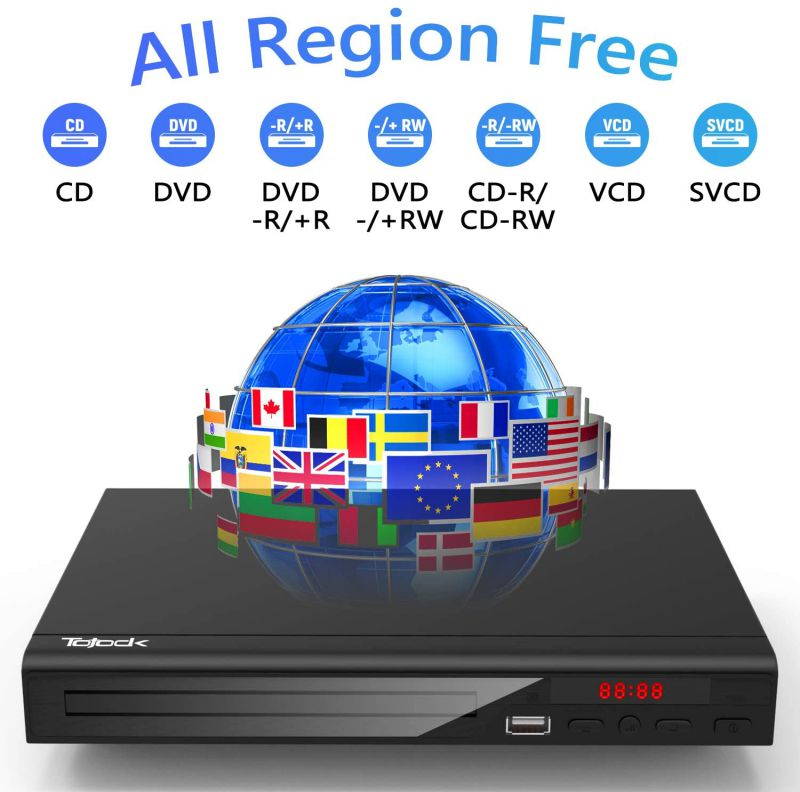 DVD Player for TV All Region Free DVD Player with AV Output and USB Input, Remote Control and AV Cable Included