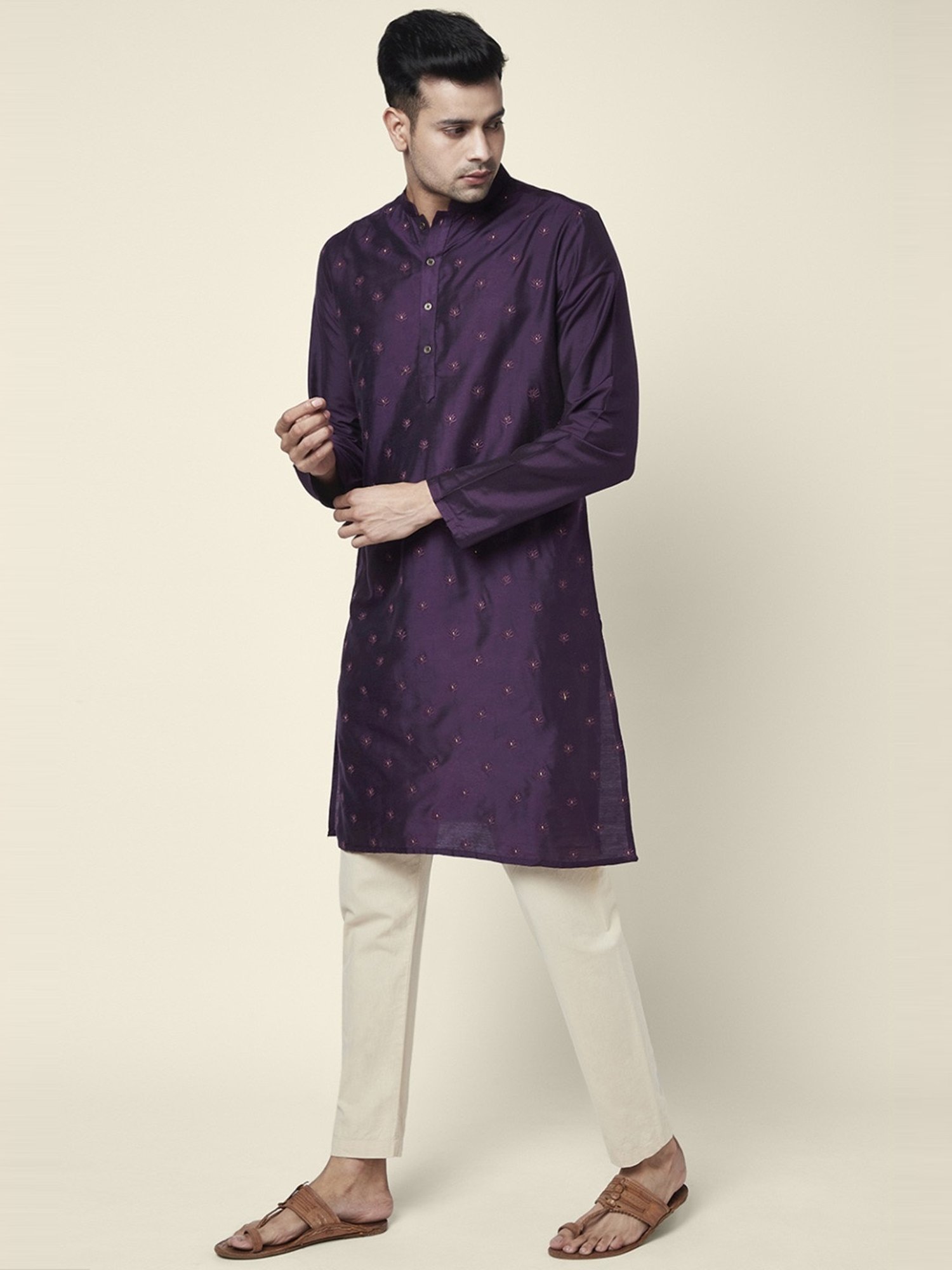 Indus Route by Pantaloons Wine Regular Fit Embroidered Kurta