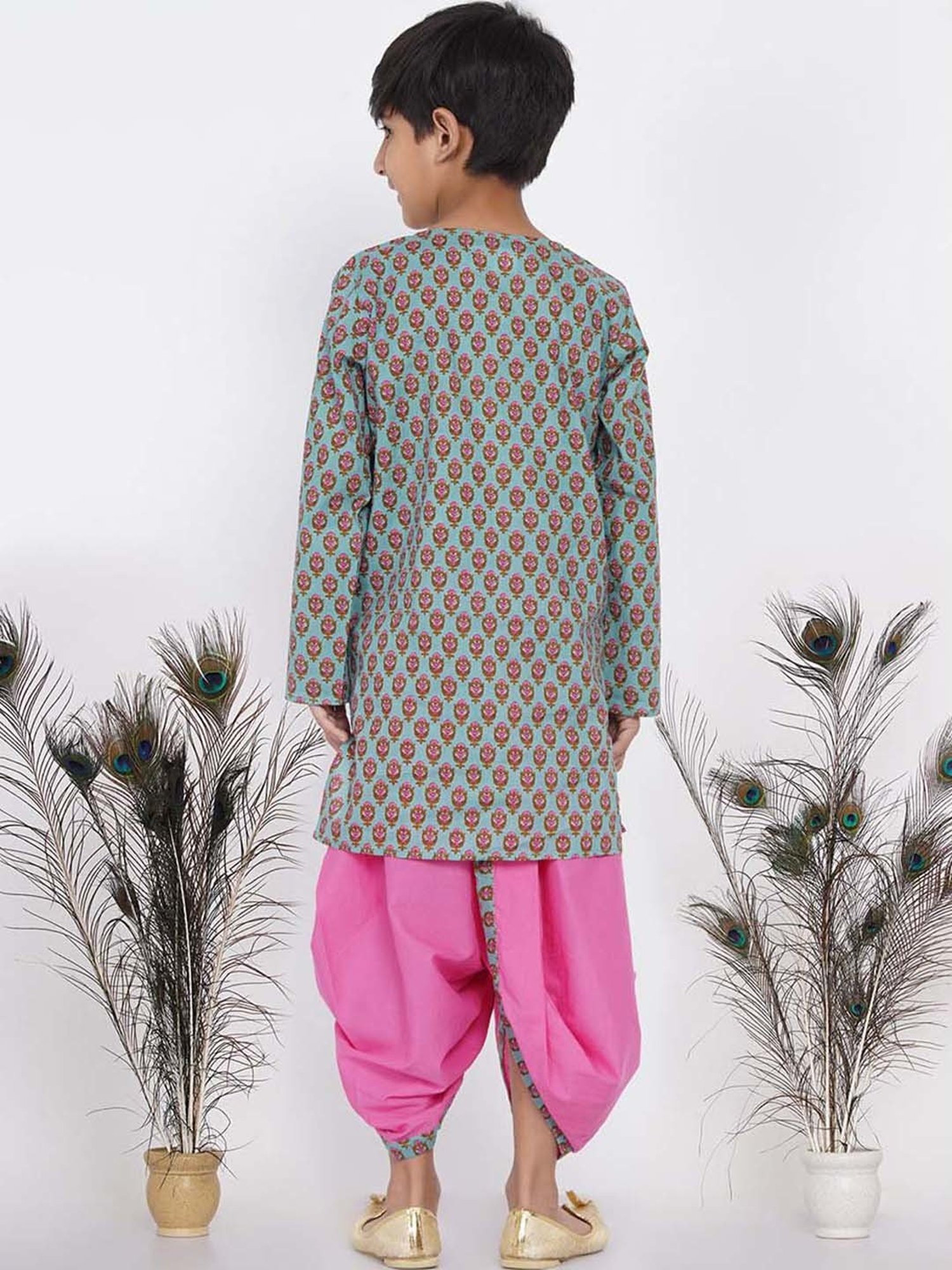 Little Bansi Kids Green & Pink Cotton Floral Print Full Sleeves Kurta Set