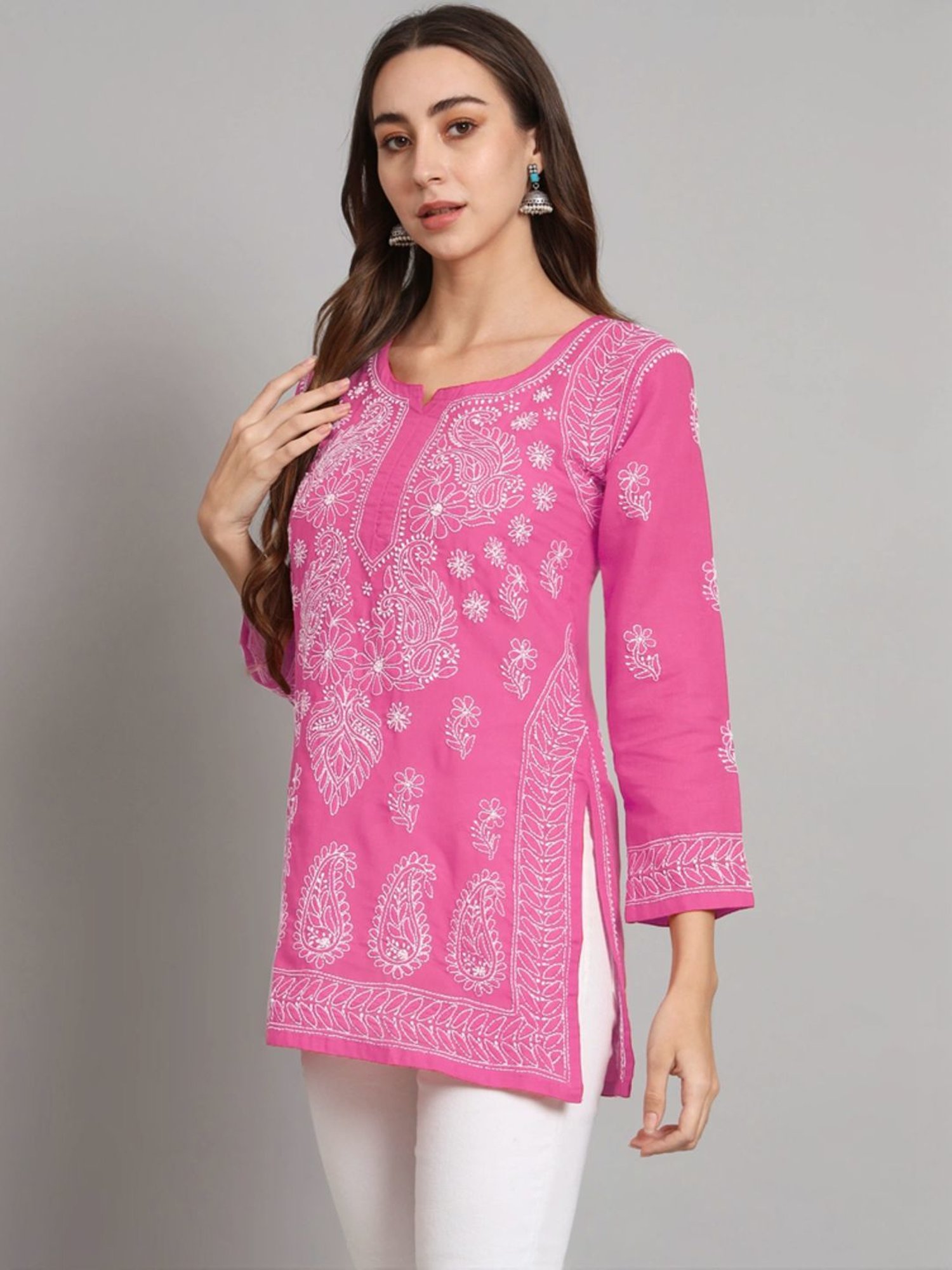 PARAMOUNT CHIKAN Hot Pink Cotton Hand Embroidered Chikankari Straight Kurti