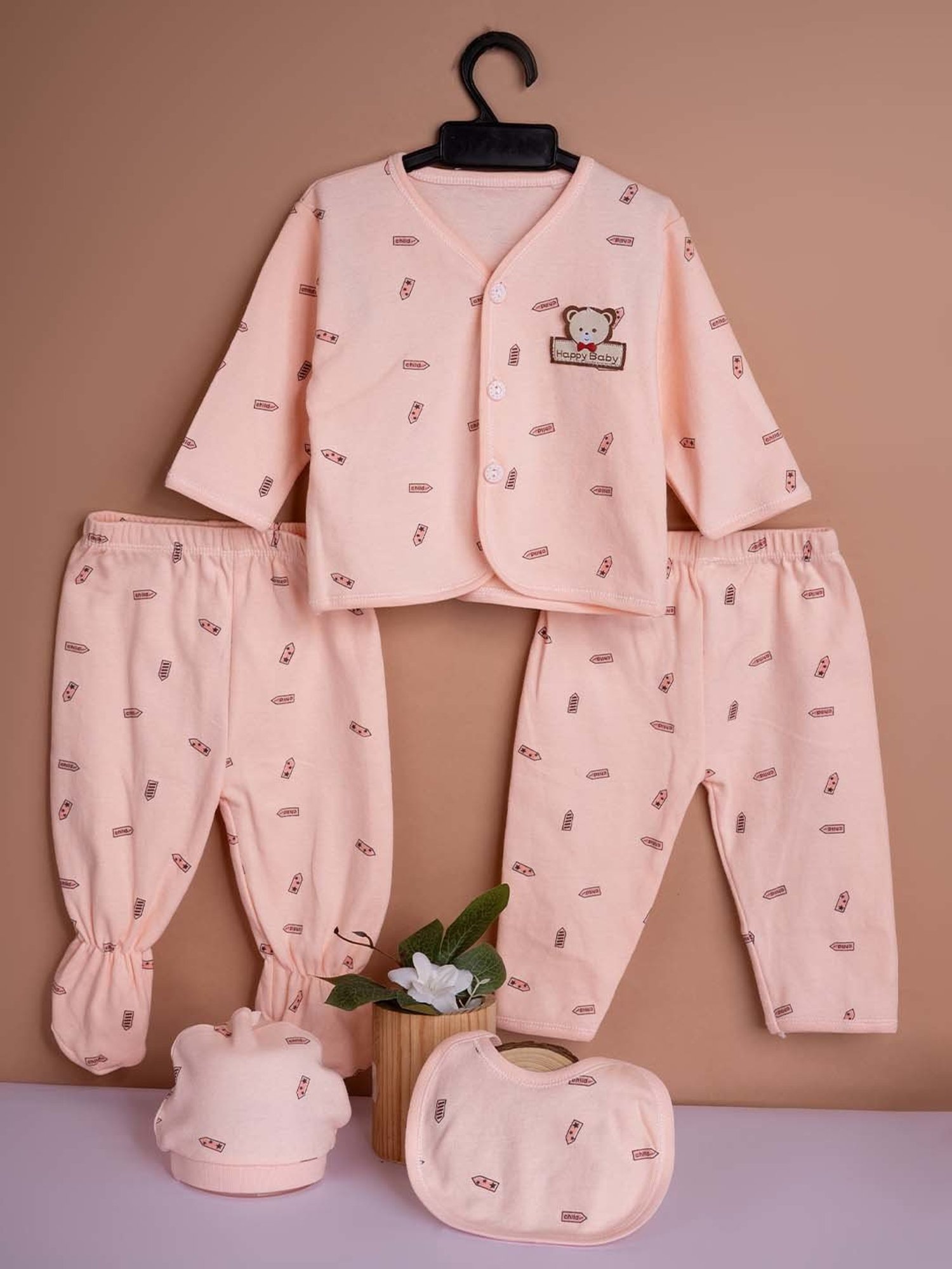 Baby Moo Kids Peach Printed Full Sleeves T-Shirt Set