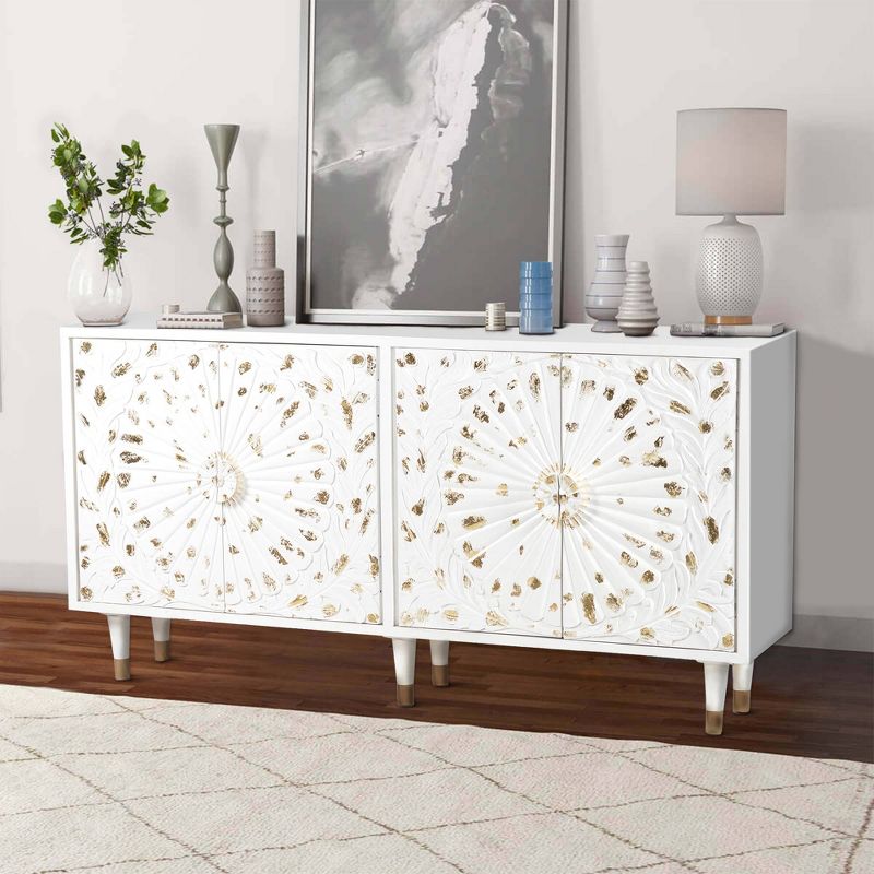 4 Door Wooden Sideboard with Engraved Sunburst Design Front White/Gold - The Urban Port