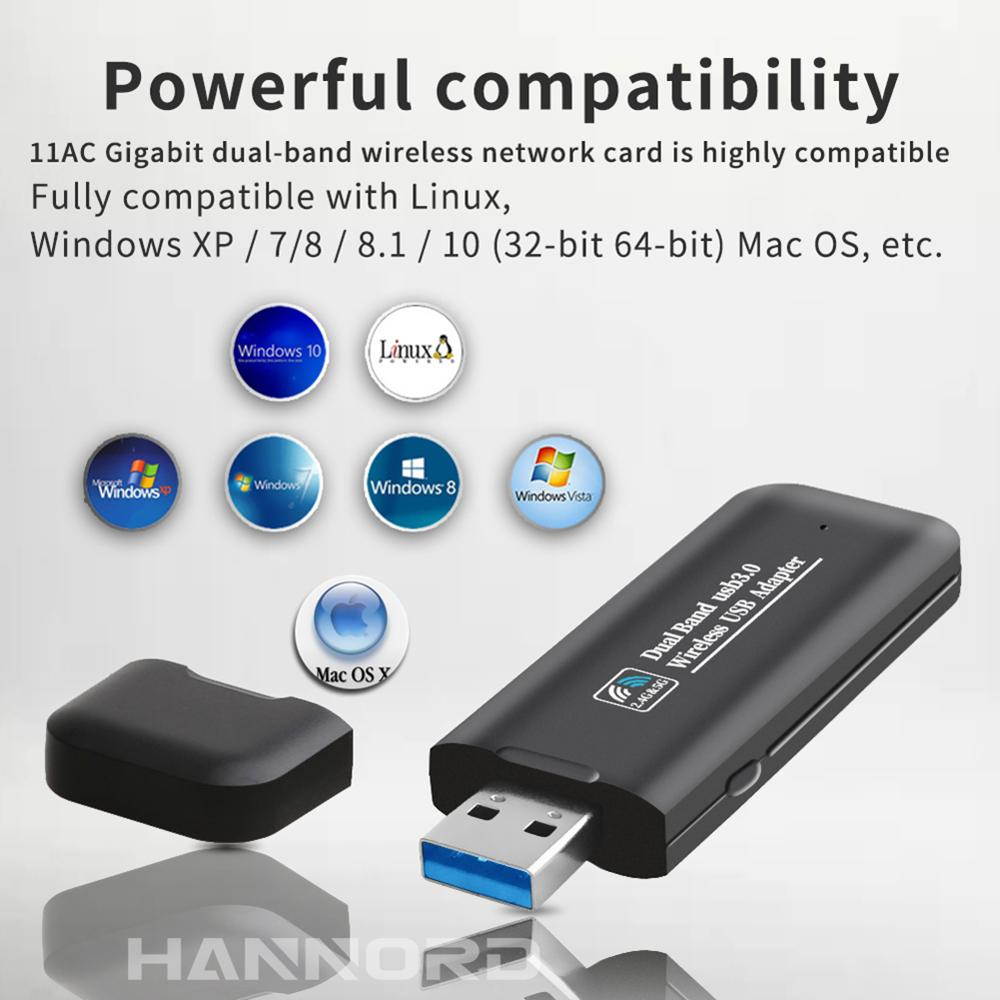 Hannord 1200Mbps USB WiFi Mini Network Adapter Dual Band AC 5.8GHz/866Mbps 2.4GHz/300Mbps USB 3.0 WiFi Adapter for Desktop Laptop PC with Windows XP/7/8/8.1/10 Linux Mac OS