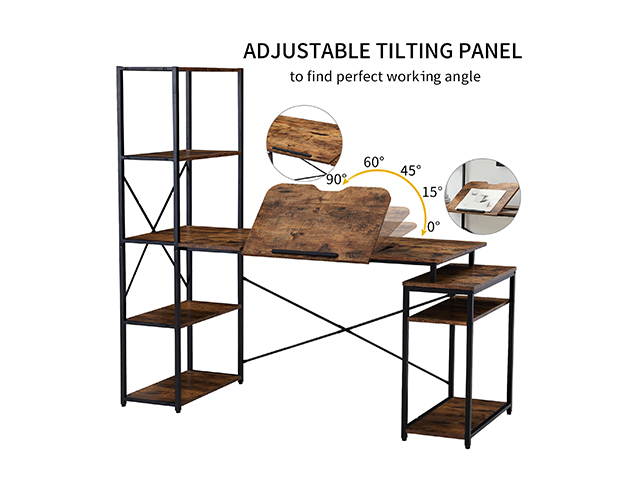 Home office Gaming Computer Desk with 5-Tier Bookshelf and 2 open Storage Shelf,Multi-Function Drafting Drawing Table with Tiltable Desktop,GT43