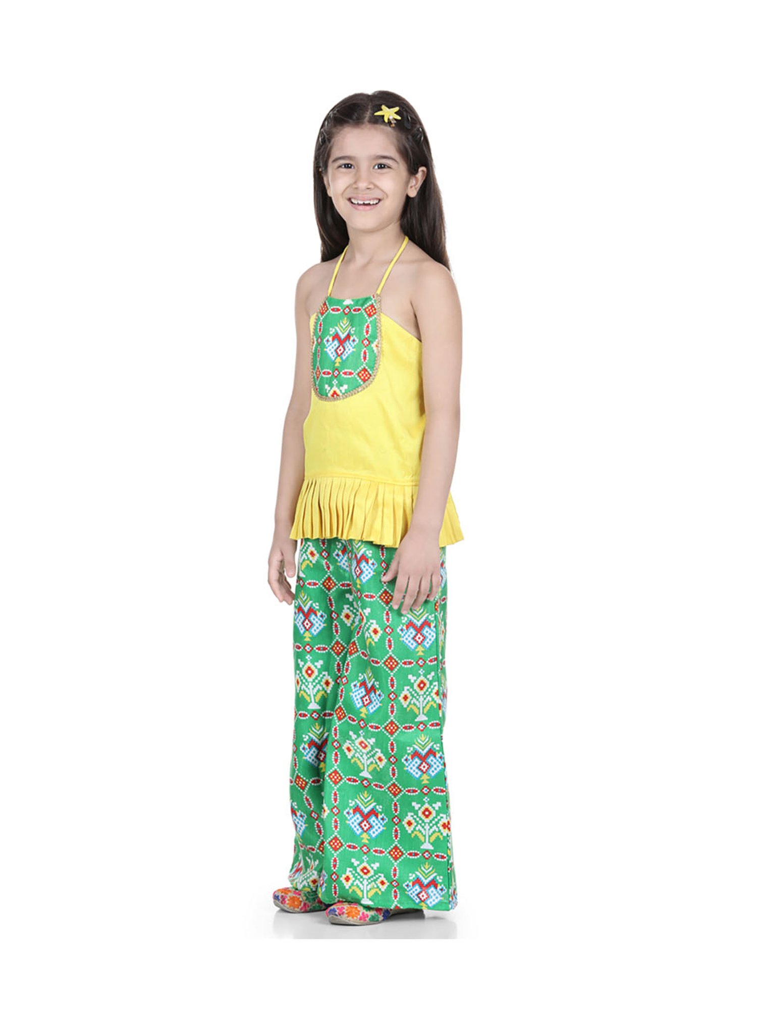 BownBee Kids Green & Yellow Printed Patola with Palazzo