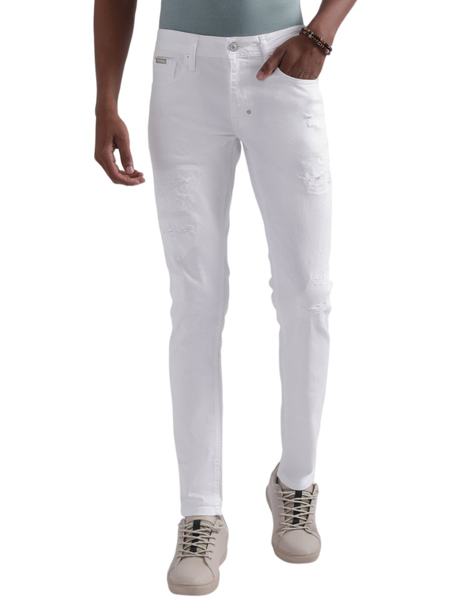 Antony Morato Cream Tapered Fit Distressed Jeans