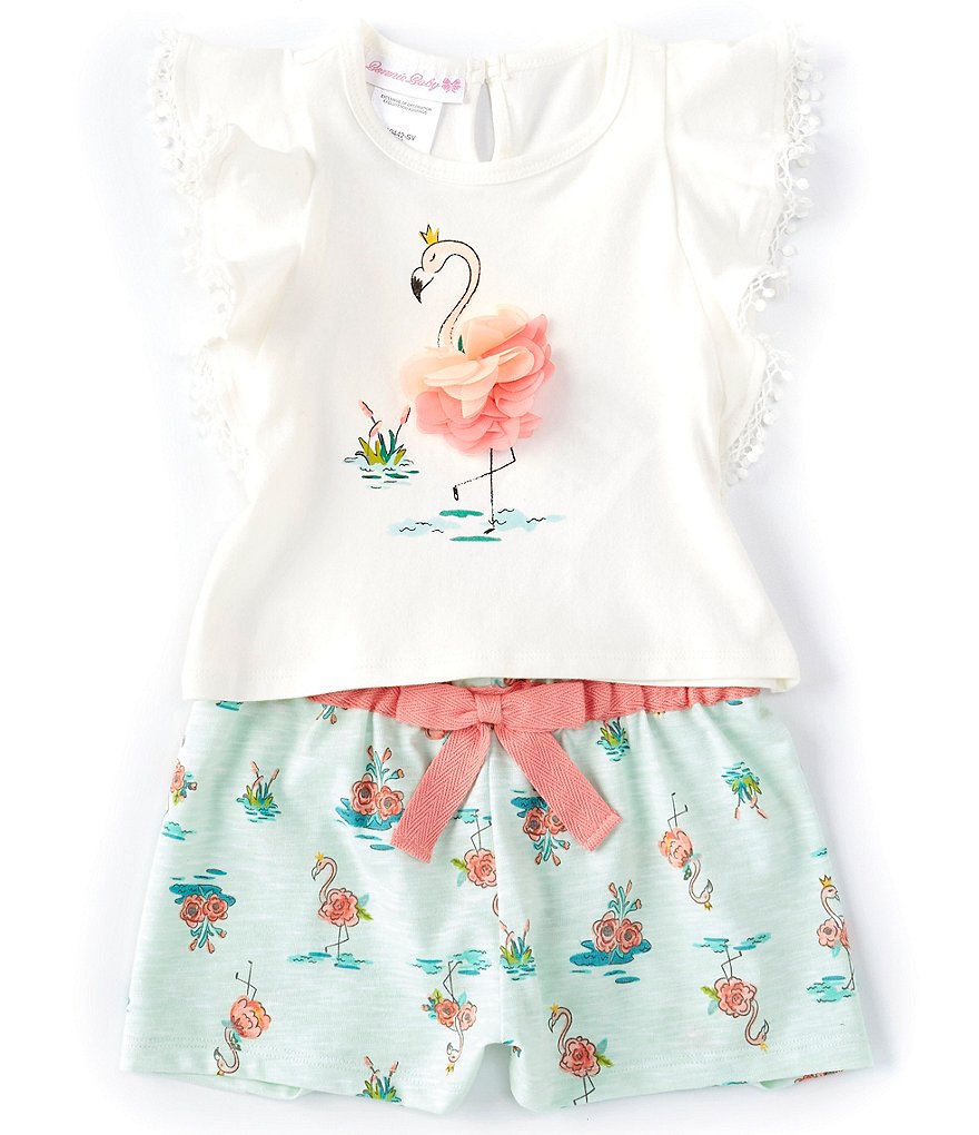 Bonnie Jean Baby Girls 12-24 Months Flutter-Sleeve Flamingo-Applique Tee & Printed Shorts Set