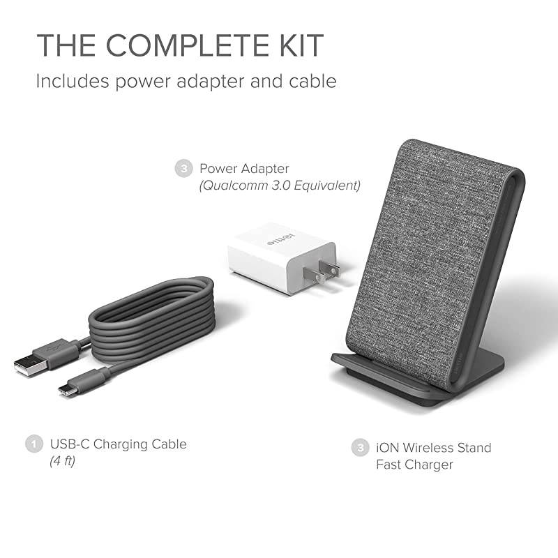 Ion Wireless Fast Charging Stand || QiCertified Charger 75W for Iphone XS Max R 8 Plus 10W for Samsung S9 Note 9 | Includes USB C Cable AC Adapter | Ash