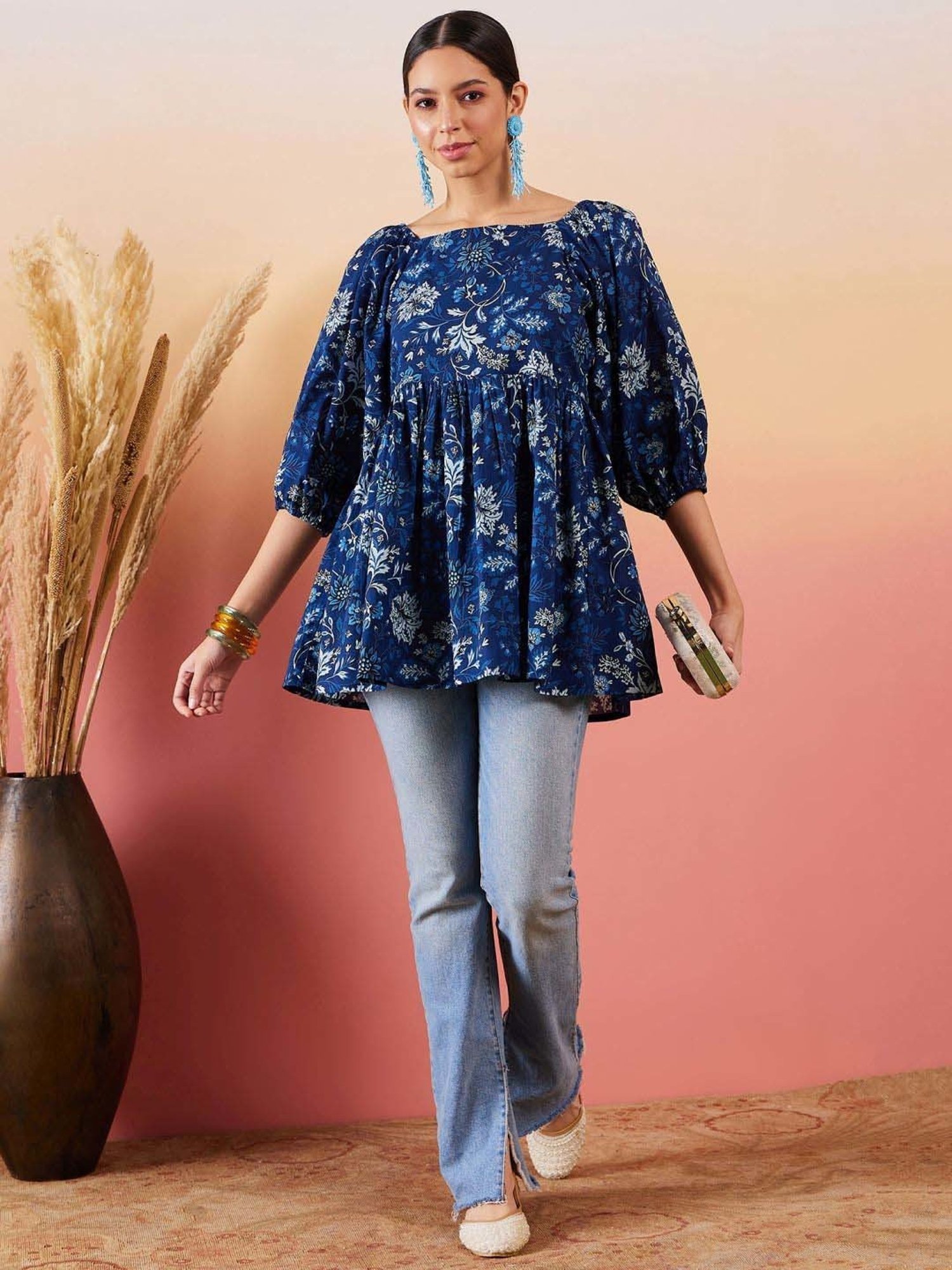 Inweave Blue Cotton Floral Print Top