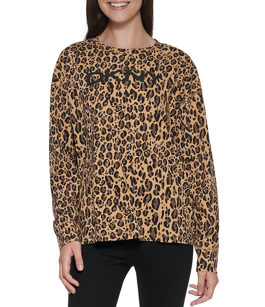 DKNY Sport Long Sleeve Leopard Print Crew Neck Logo Tee