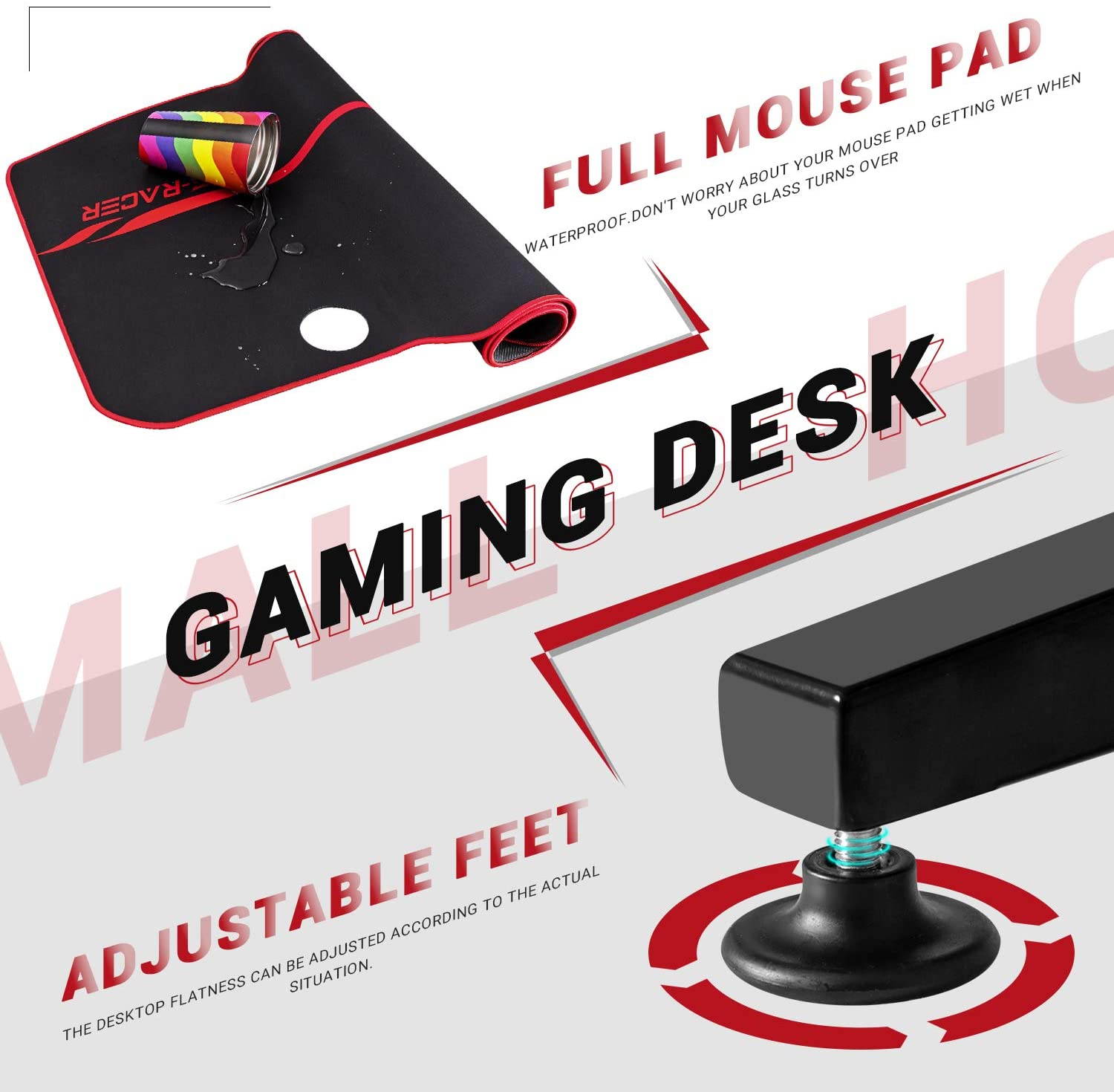 Homall 55 Inch Ergonomic Gaming Desk PC Computer Desk Home Office Table T-shaped Frame Table for Pressional Game Lover with Free Mouse Pad, Headphone Hook, Game Handle Rack and Cup Holder (Black)