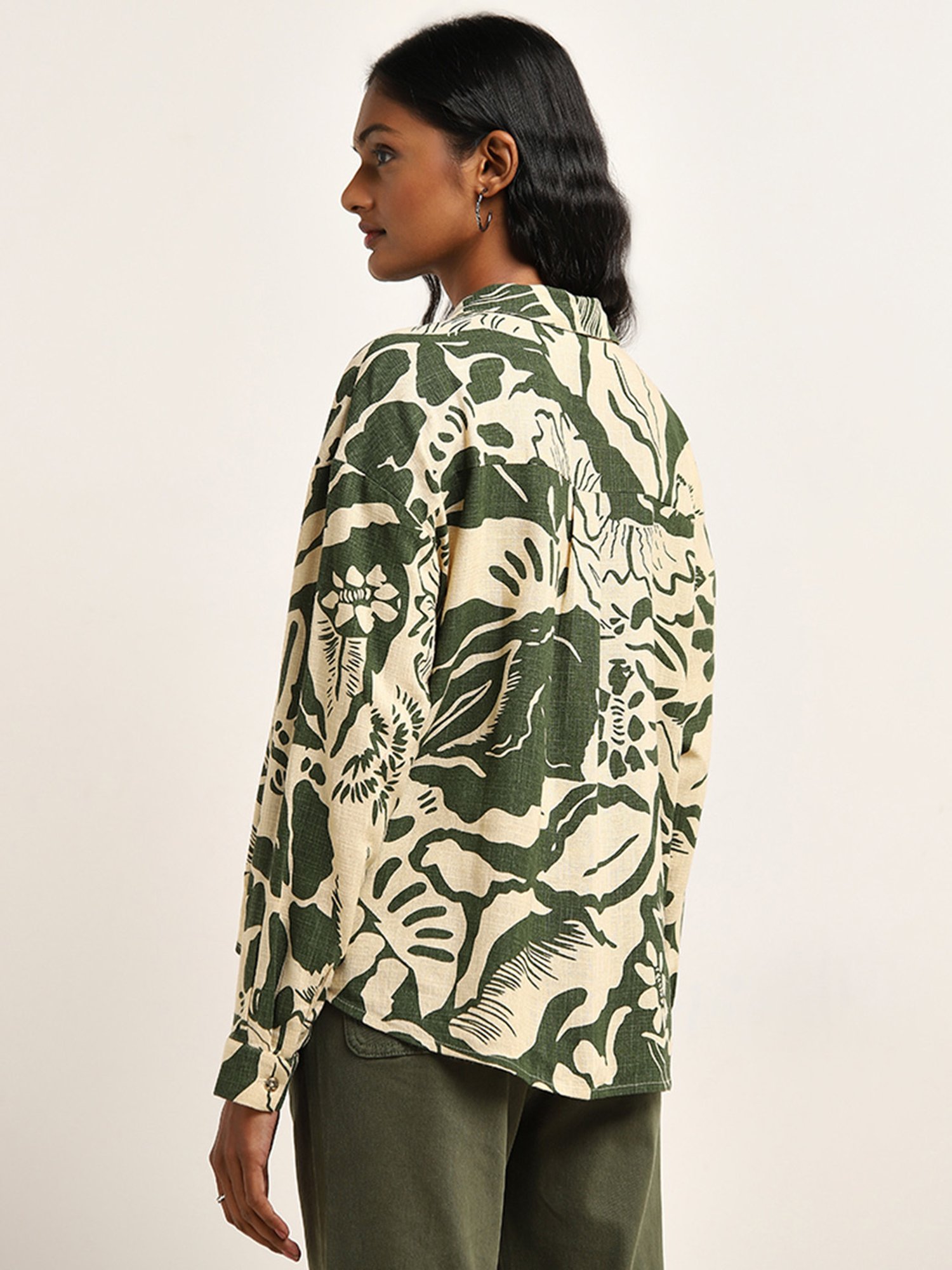 LOV by Westside Beige & Olive Abstract Printed Blended Linen Blouse