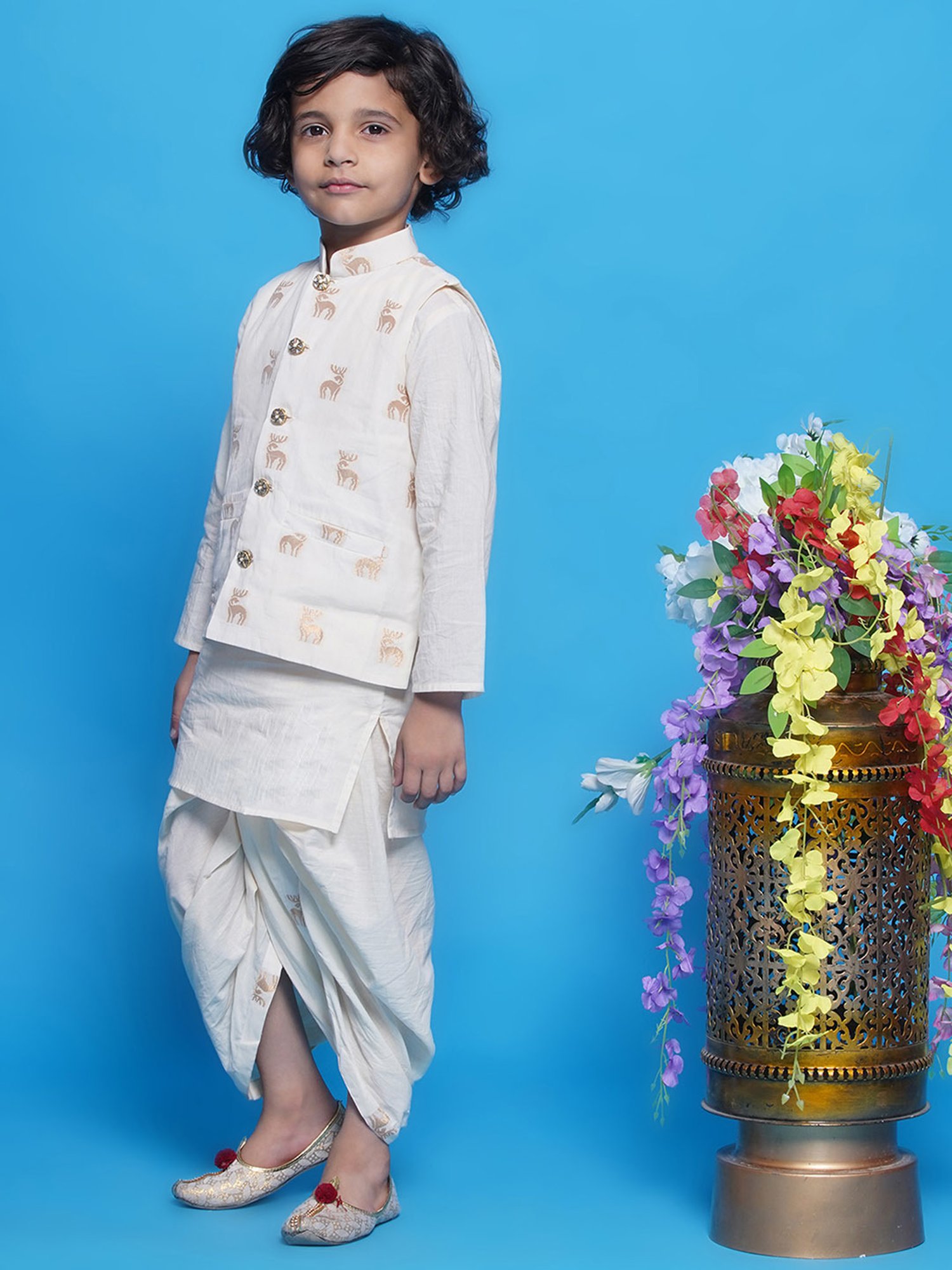 VASTRAMAY Boys Yellow & White Cotton Printed Full Sleeves Kurta Sets