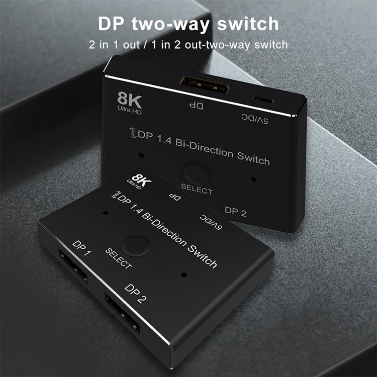 8K DisplayPort Switch Bidirectional DP 1.4 KVM Splitter 2 in 1 Out - Supports 8K 4K 1080P HD, Manual DP Switcher for PC Host Monitor etc
