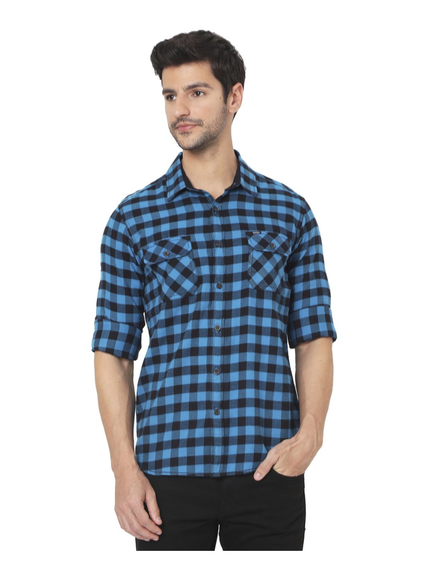 Mufti Blue & Black Cotton Slim Fit Checks Shirt