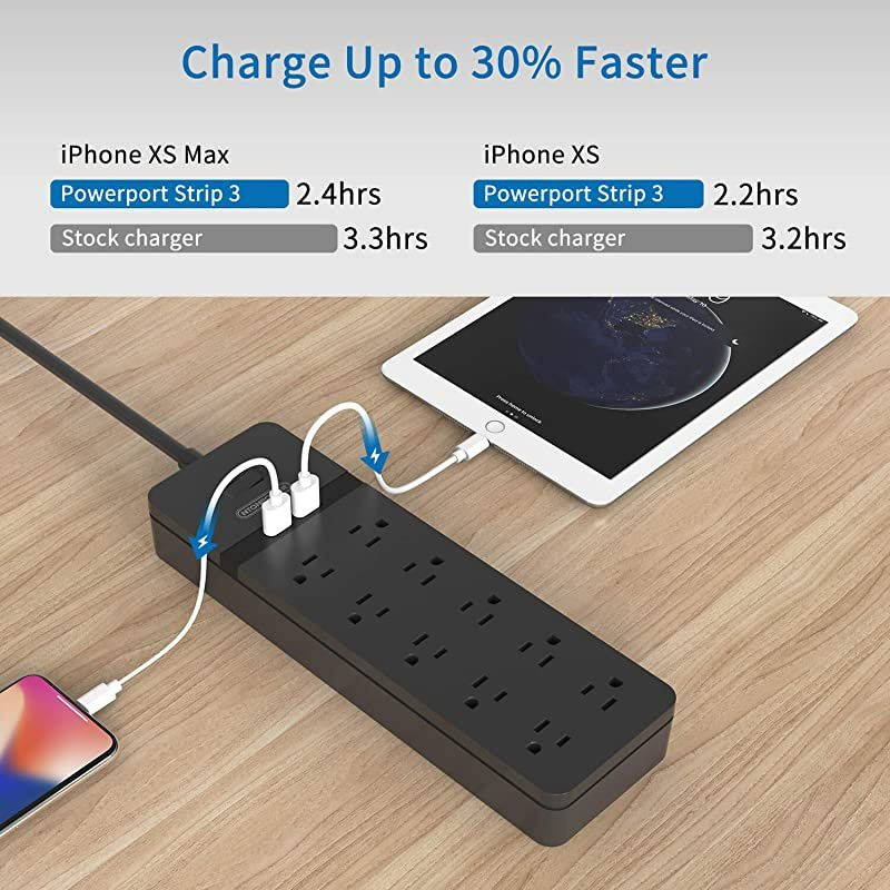 Surge Protector Power Strip,  10 Outlet Power Strip with 2 USB, Power Strip Flat Plug, 5ft Heavy-Duty Extension Cord, 15A Circuit Breaker, ETL Listed, Wall Mount for Home and Office, Black