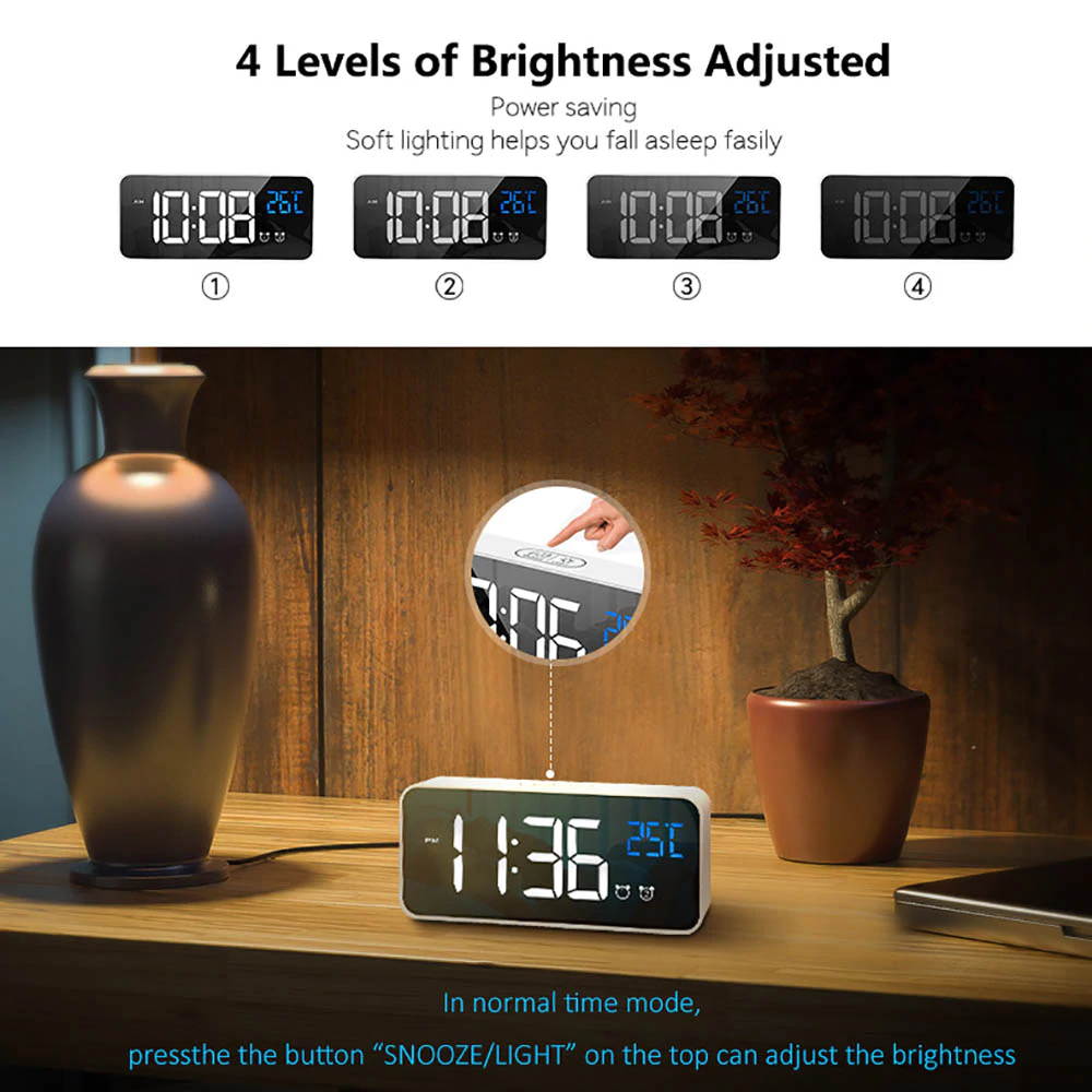 Mini Slim LED Mirror Display Voice Control Bedside Clock,4 Levels Adjustable Brightness Dimmer
