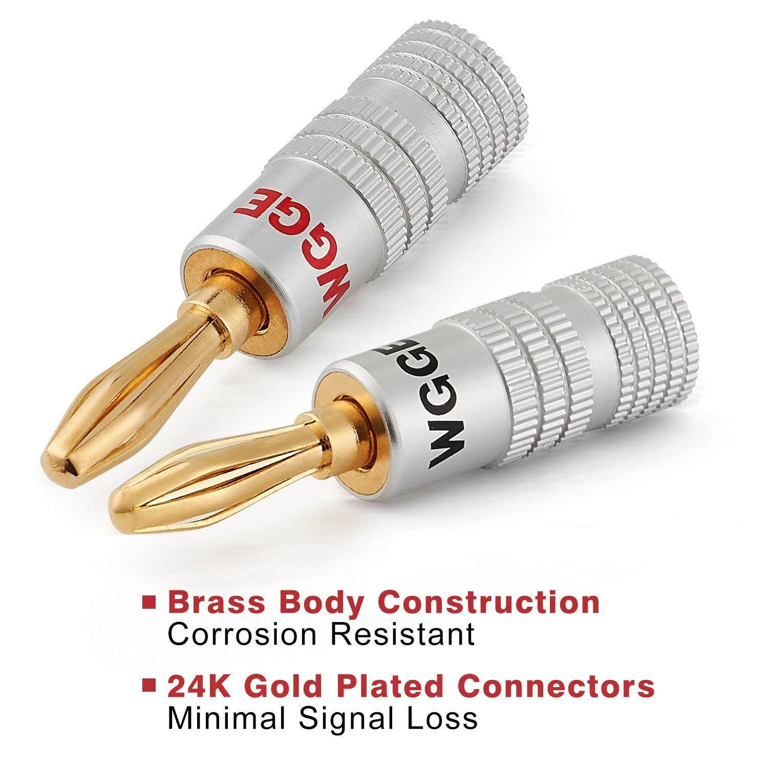 WGGE WG-009 Banana Plugs Audio Jack Connectors, 24k Gold Dual Screw Lock Jack Speaker Banana Connectors for Speaker Wire, Wall Plate (6 Pairs (12 Plugs))