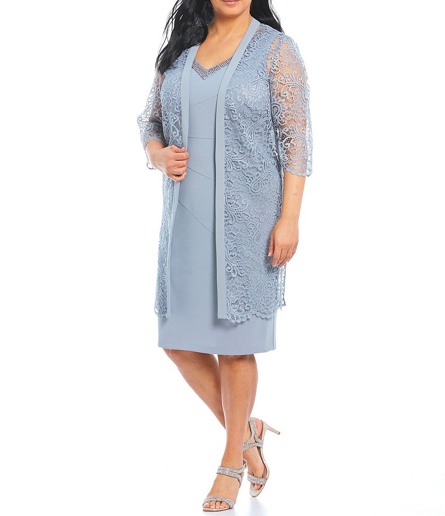 Le Bos Plus Size V-Neck Scalloped Lace 3/4 Sleeve Jacket Dress