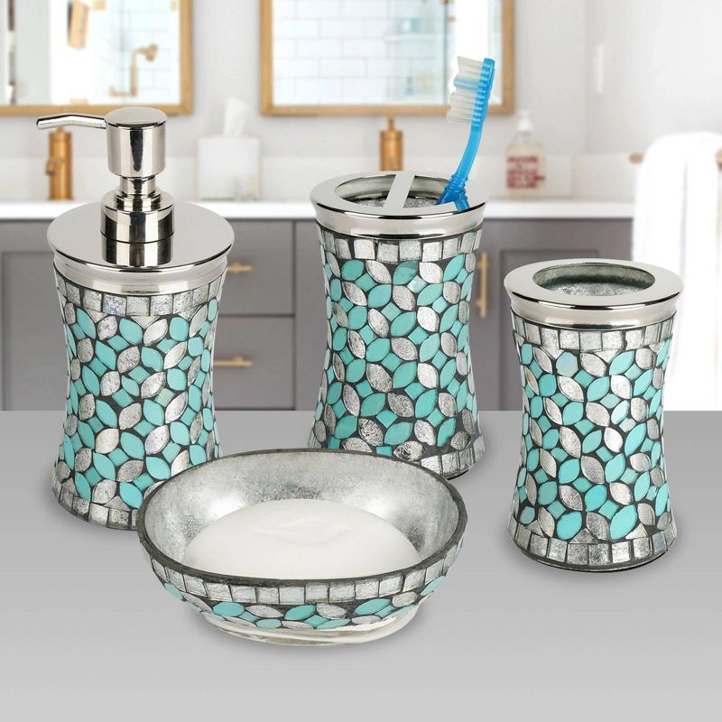 4pc Seafoam Glass/Metal Bath Accessory Set for Vanity Counter Tops Silver - Nu Steel