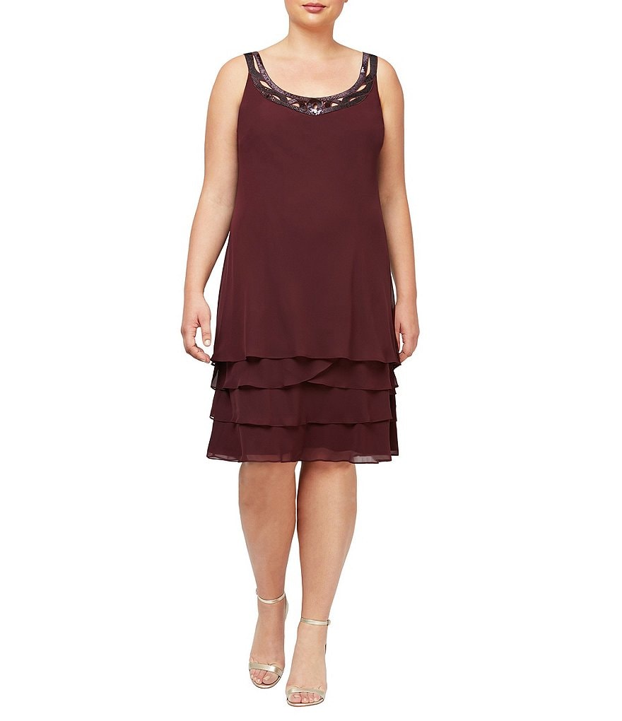 Ignite Evenings Plus Size Scoop Neck Long Sleeve Sequin Trim Tiered 2-Piece Jacket Dress