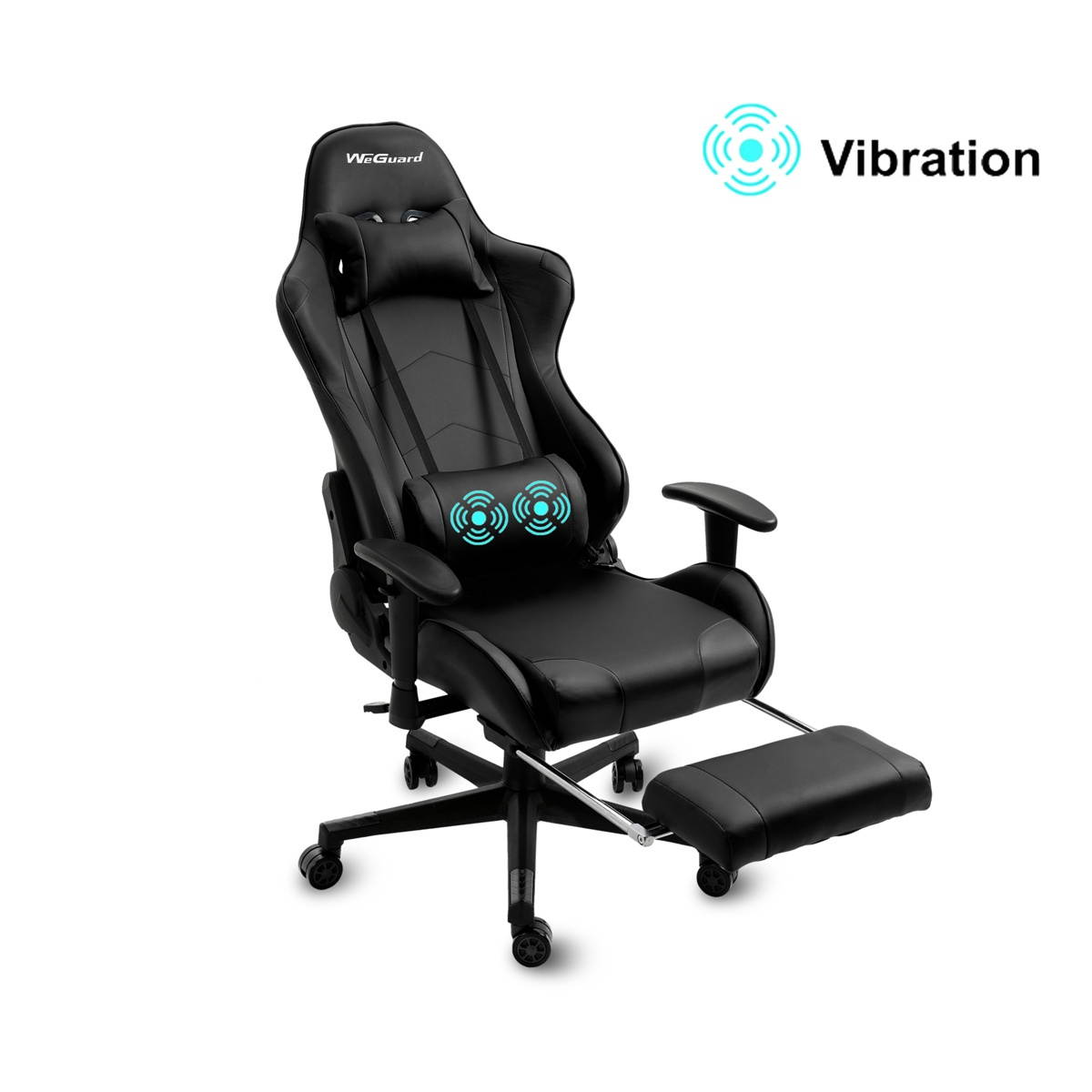 Gaming Chair Racing Style Office Chair Adjustable Massage Lumbar Cushion Swivel Rocker Recliner Leather High Back Ergonomic Computer Desk Chair with Retractable Arms and Footrest (Black)