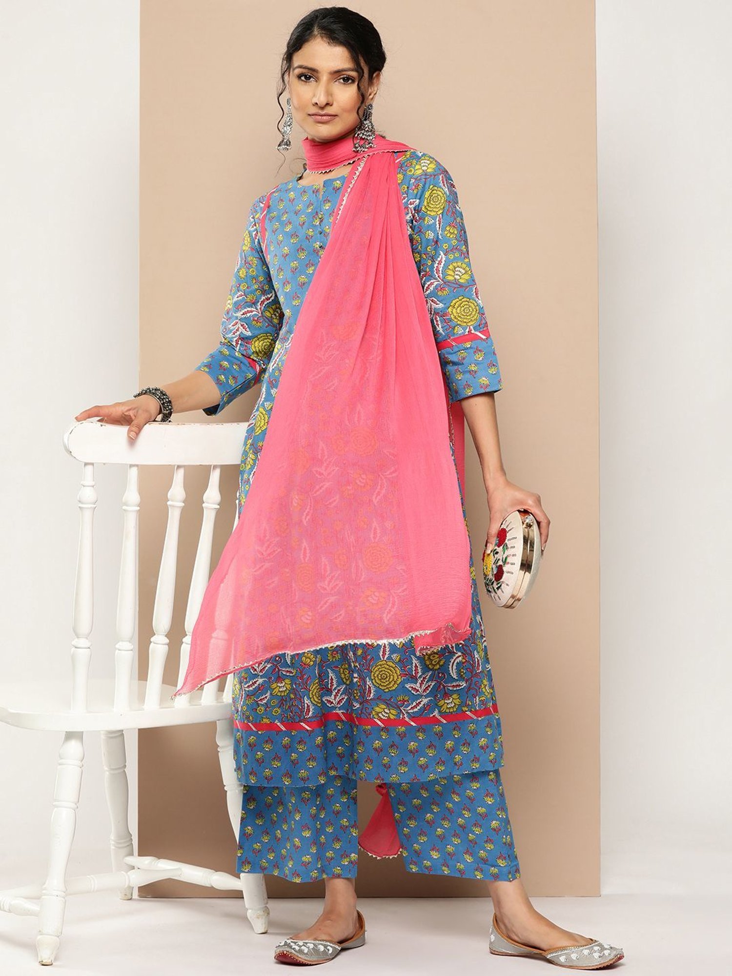 KSUT Blue Cotton Printed Kurta Palazzo Set With Dupatta