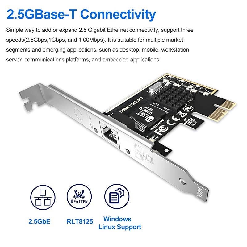 PCIe Network Adapter with 1 Port, 2500/1000/100Mbps PCI Express Gigabit Ethernet Card RJ45 LAN Controller Support Windows Server/Windows/Linux, Standard and Low-Profile Brackets Included