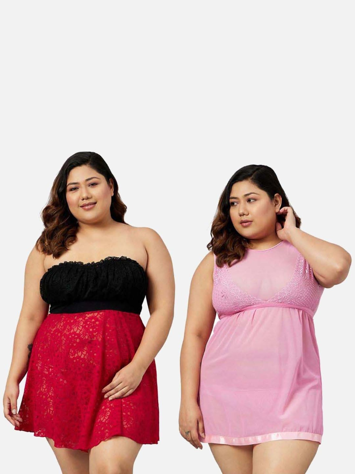 Secrets By ZeroKaata Red & Pink Lace Work Babydoll with Panty - Pack Of 2