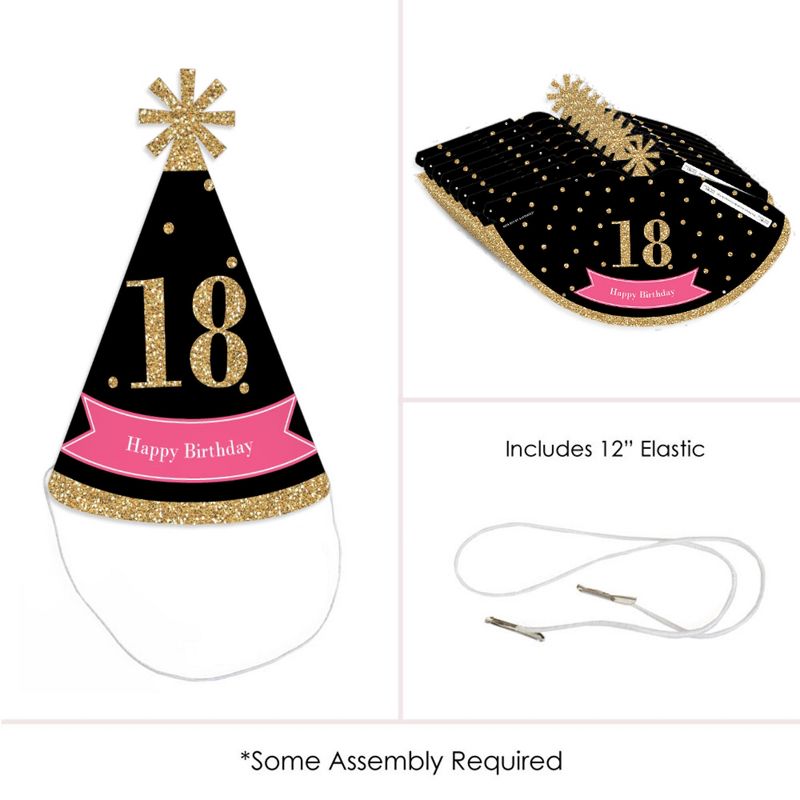 Big Dot of Happiness Chic 18th Birthday - Pink, Black and Gold - Cone Happy Birthday Party Hats for Kids and Adults - Set of 8 (Standard Size)