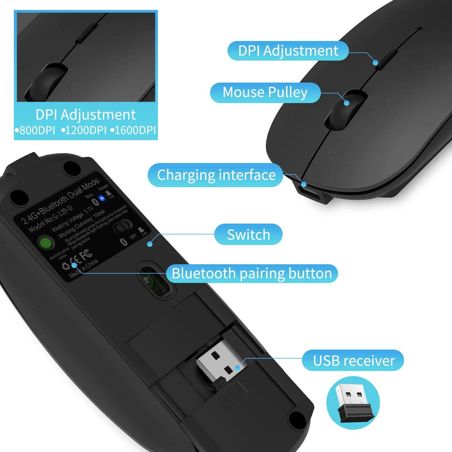 2.4GHz Wireless Bluetooth Mouse, 3 Adjustable DPI, Dual Mode Slim Rechargeable Wireless Mouse Silent USB Mice,Compatible for Laptop Windows Mac Android MAC PC Computer (Silver)