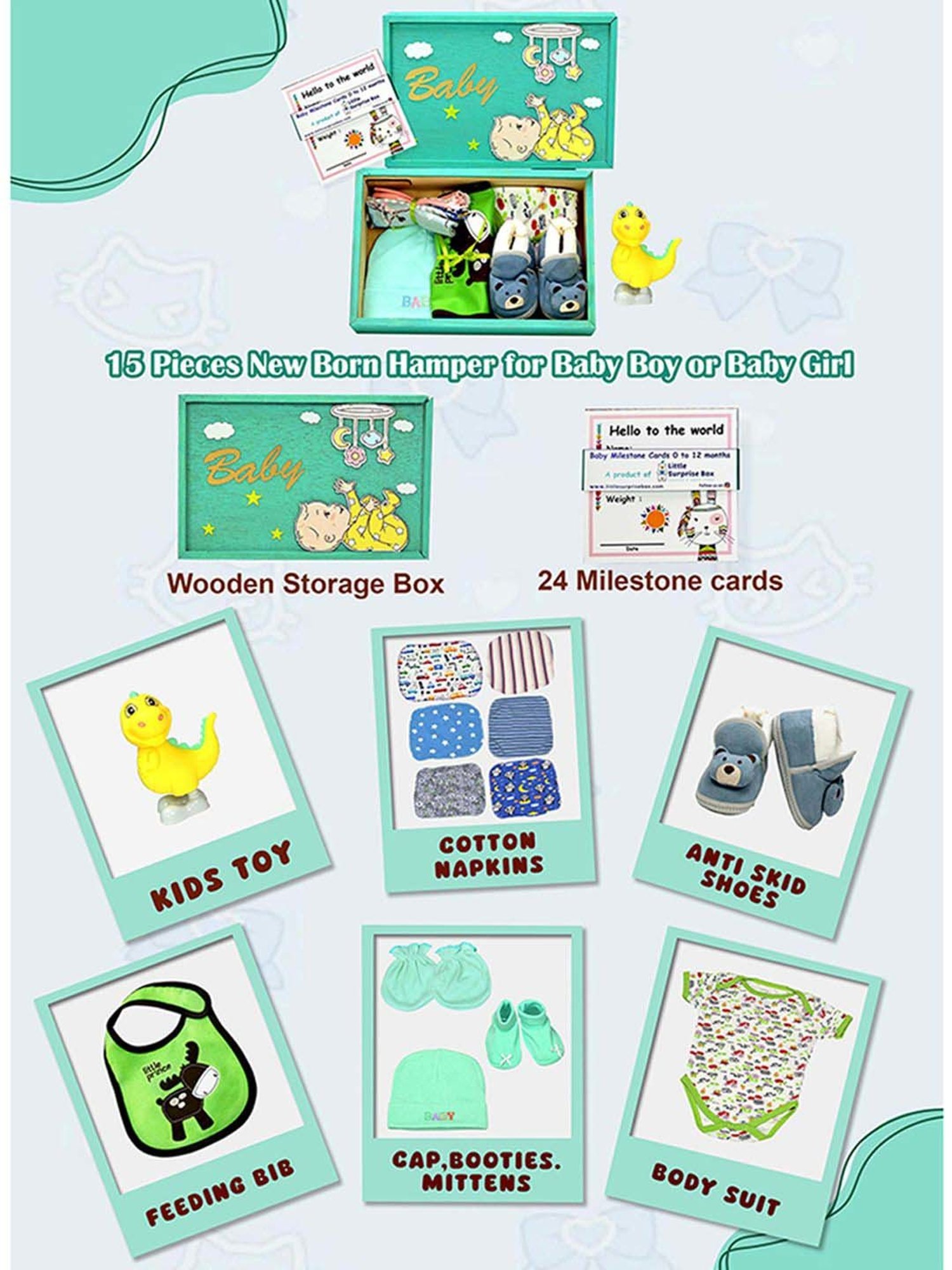 Little Surprise Box Kids Green & White Cotton Printed Full Sleeves Gift Set