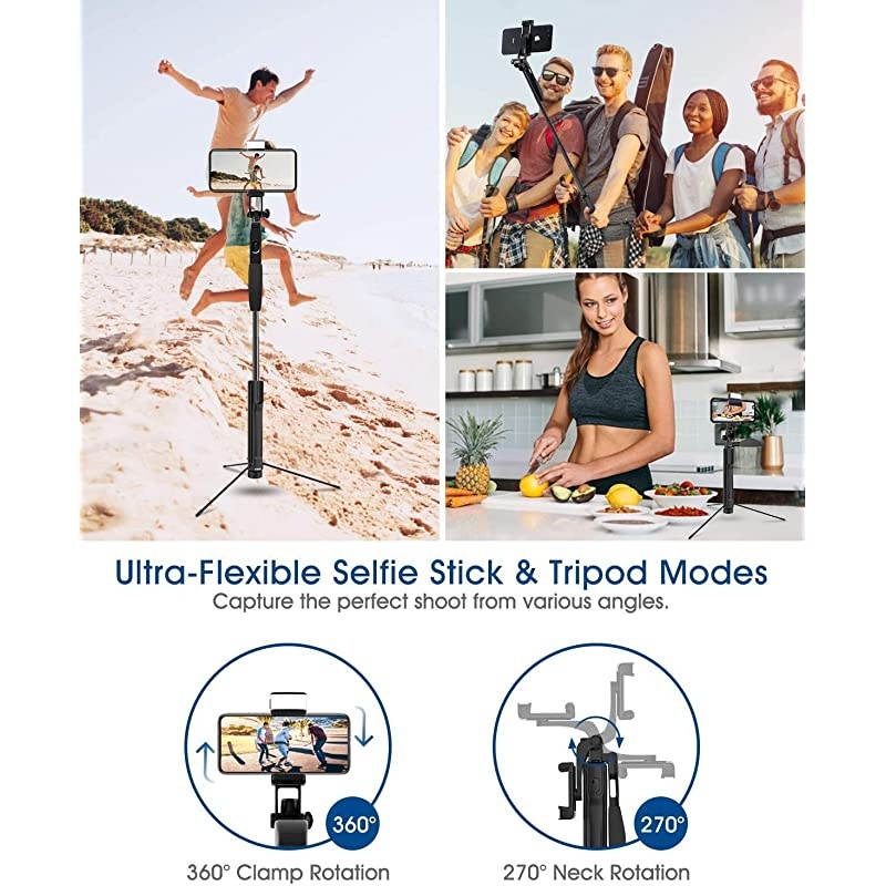 Selfie Stick Tripod,  Extendable Phone Tripod Stand for Phone and Camera with Bluetooth Remote, LED Light, Balance Handle Compatible with iPhone 12 11 Pro Xs Xr Android Galaxy S20 DSLR Gopro